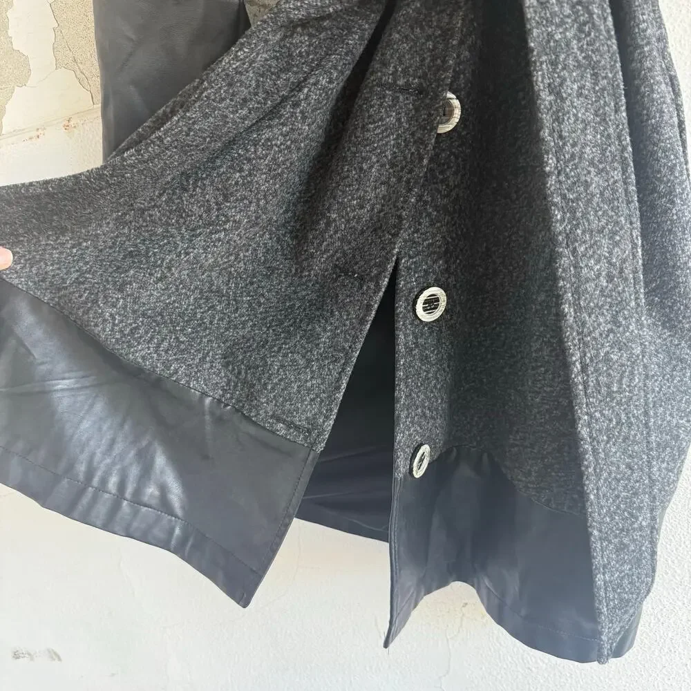 Vtg 90s Belted Coat‎ Long Faux Leather Sleeves Boucle Knit Jacket Womens M USA - Picture 4 of 11